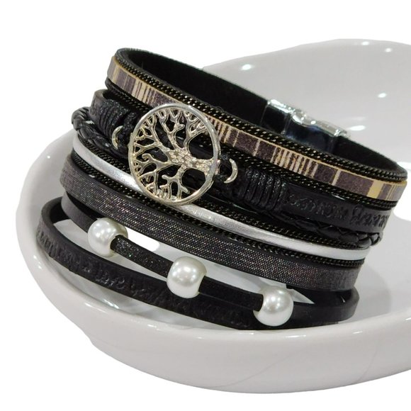 Multy Layers Leather Bangle Magnetic Bracelet for Men and Women 7.5in‎ - Black - Picture 8 of 9